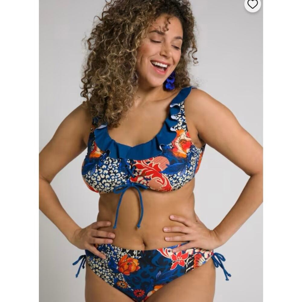 Ulla Popken Mixed Print Ruffle Lace-Up Front Lined Bikini Set